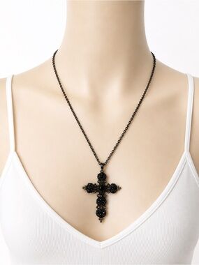Black Gothic Cross Necklace‎ Statement Pendant Dark Academia Vintage Style